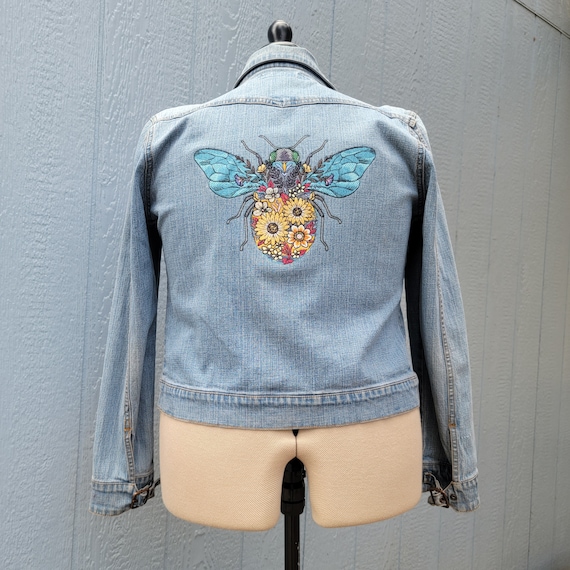 Upcycled Denim Jacket with Embroidered Moth Back – Women’s Medium Statement Jacket