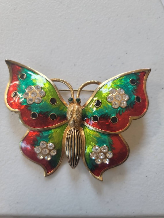 Vintage Butterfly pin, Enamel and Rhinestone, Broo