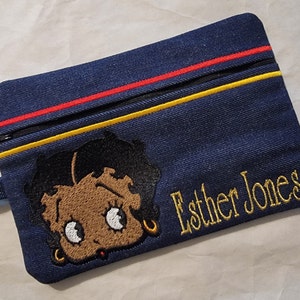 Black Betty Boop Clutch, Two options, Embroidered Denim Clutch with Keyring, Esther Jones
