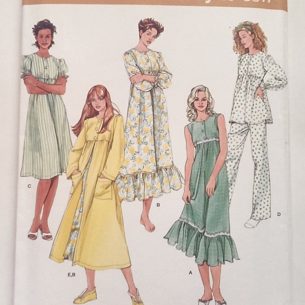 Simplicity Pattern 3573 Karen Z Misses Nightgown, Robes Two Length, Pajamas Size AA XS, S, M