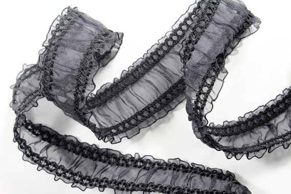 Black Organza Ruffle Elastic Trim Crafts//Costume//Victorian//Goth