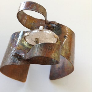 Hand forged art deco copper cuff bracelet with quartz setting