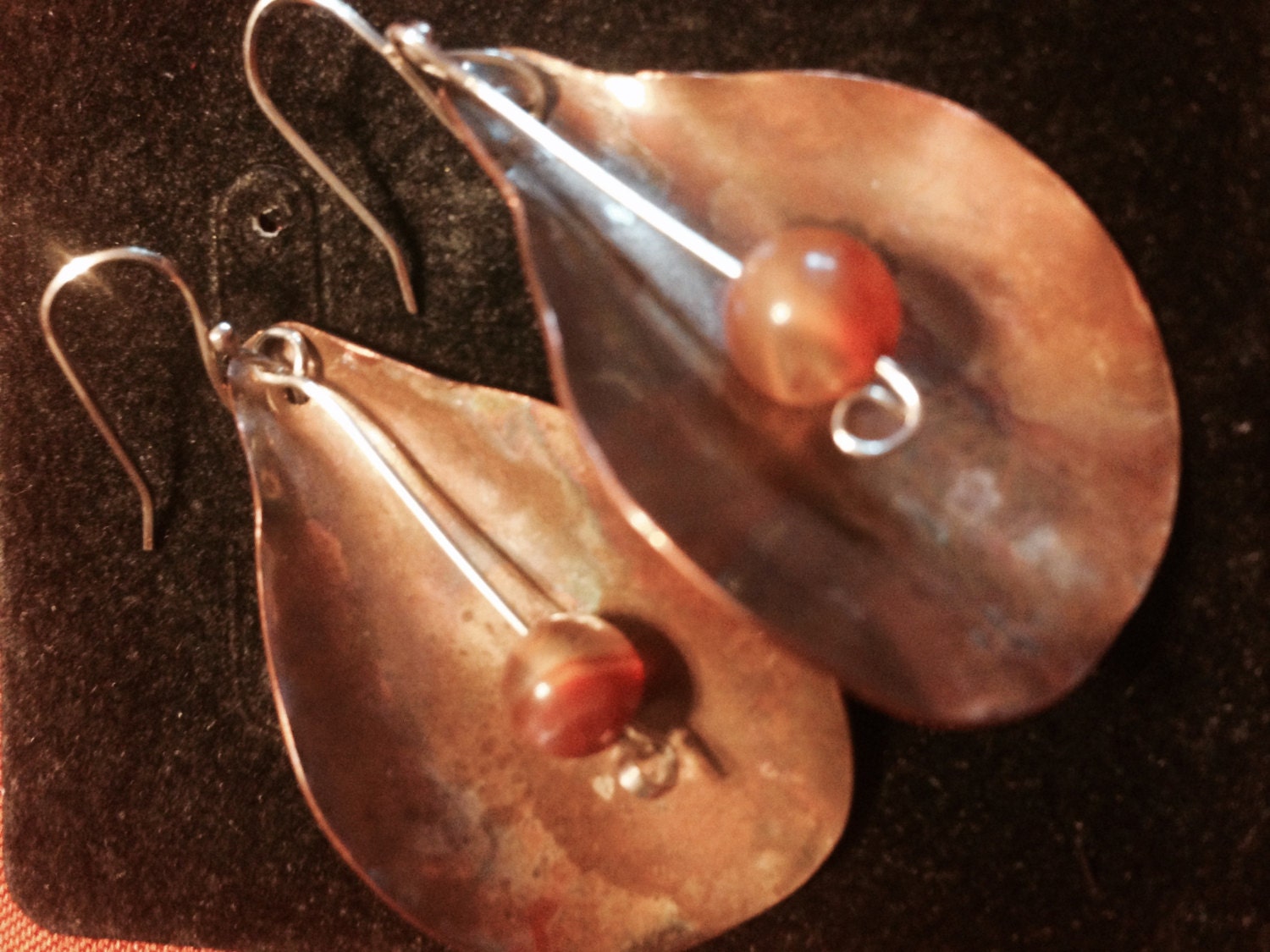 Organic Shaped Copper Earrings With Fire Patina and Carnelian Bead