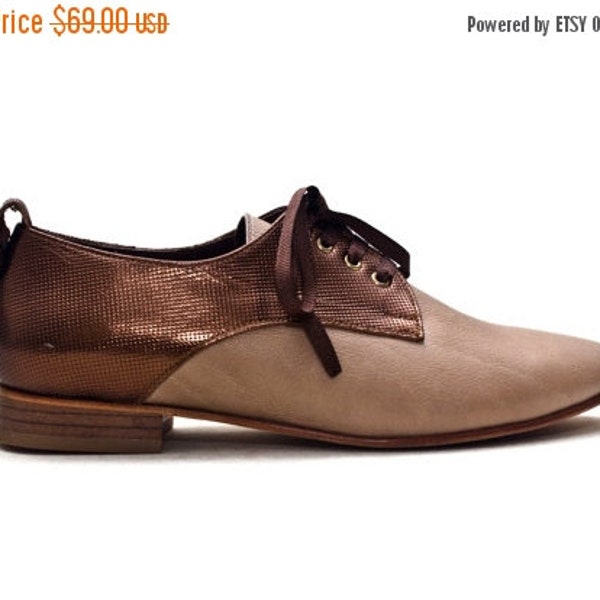 40% SALE SALE 50 Percent / FREE Shipping / Born Hippy / Pinch Pointy Oxford Shoes / Hand Made / Genuine Shiny Copper Leather