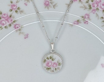 Broken China Necklace, Pink Floral Jewelry, Handmade Necklace, Pink Pendant, Vintage China, Keepsake Jewelry, Birthday, Mothers' Day Gift