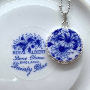 Broken China Necklace, Dainty Blue Royal Albert China, Shelley China, Floral Jewelry, Blue Pendant, Silver Necklace, Mother's Day Gift