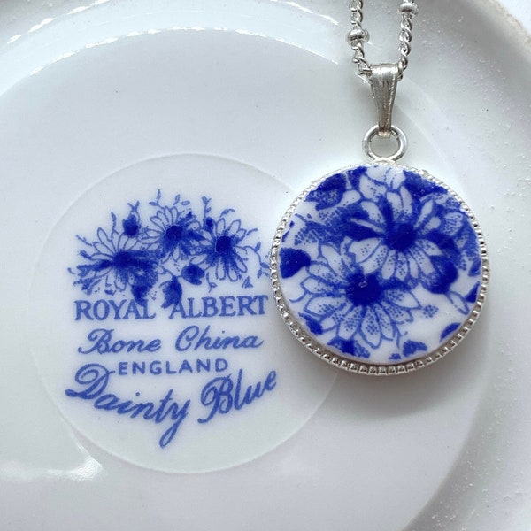 Broken China Necklace, Dainty Blue Royal Albert China, Shelley China, Floral Jewelry, Blue Pendant, Silver Necklace