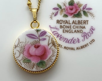Broken China Necklace, Flower Pendant, Lavender Rose Royal Albert China, Pink Floral Pendant, Keepsake Jewelry