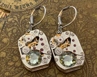 Steampunk Watch Movement Earrings, Gothic Jewelry, Crystal Lever-Back Earrings