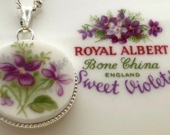 Broken China Pendant, Royal Albert Sweet Violets, Upcycled Vintage Dishes, Floral Necklace