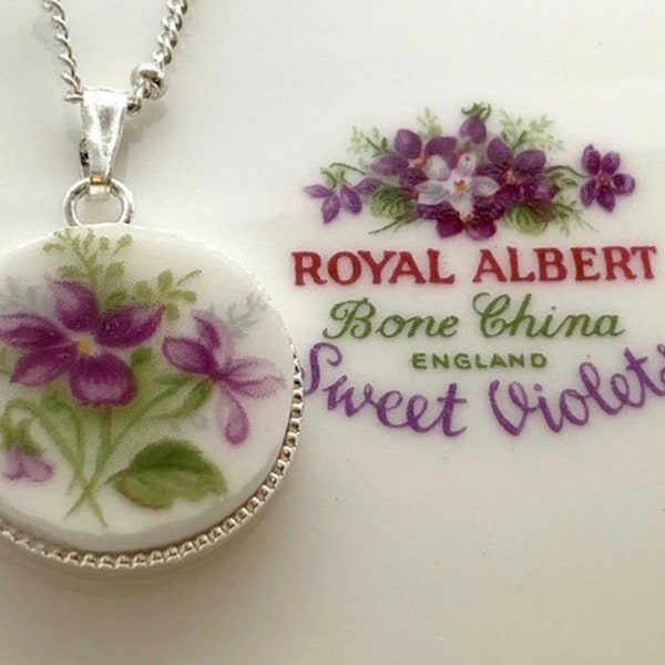 Broken China Necklace, Purple Flowers, Flower Jewelry, Sweet Violets, Royal Albert Sweet Violets,Keepsake Jewelry, February Birthday Gift,