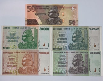 Authentic Zimbabwe Banknotes 5-pc Set: 1/ea x 50 Trillion, 50 Billion, 50 Million, 50 Thousand & 50 Dollar UNC/CIR Zim Banknotes  Egan Store