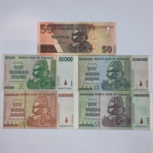 Authentic Zimbabwe Banknotes Set: 50 Trillion, Billion, Million, Thousand, Dollar
