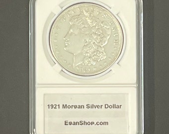 1921 Morgan Silver Dollar, VF - 90% Silver Vintage US 102 Year Old Coin - 1 pc (Cleaned, In Hard-Plastic Display Case) | Egan Store