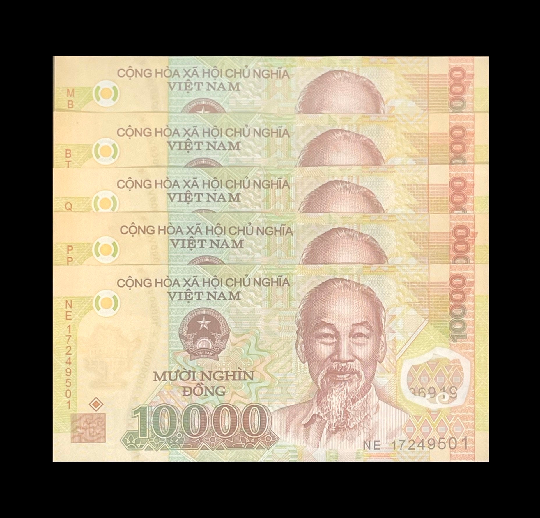 Vietnamese Dong: 5 pcs  x 10000 VND = 50K Total in 5 Vietnam Polymer Banknotes (Currency)