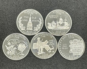 Vintage 90% Silver 5-pc 2000 US Washington Quarter Set (S Mint): Includes South Carolina, Maryland, Massachusetts, Virginia & New Hampshire