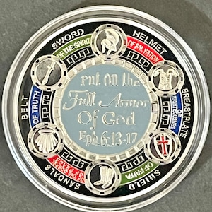 Put On The Full Armor Of God / Pray Always - Eph. 6:13-17 Novelty Collectors Coin in Protective Plastic Case (Blue-on-Silver, Type 1) - 1 pc