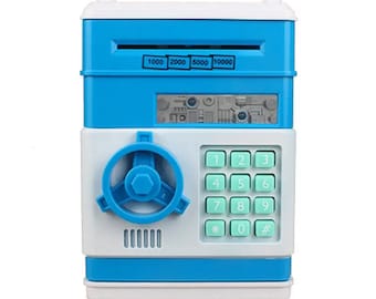 ATM-style Piggy Bank/Safe for Kids (Blue): Boys/Girl Inserts Bills & Coins into Vault to Save; 4-Digit Pin Protects Money, Ages 3-11 - 1 pc
