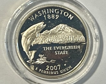 2007 BU Proof 90% Silver Washington Quarter: 25 Cent US Coin (S Mint) in Hard Plastic Case - “The Evergreen State”