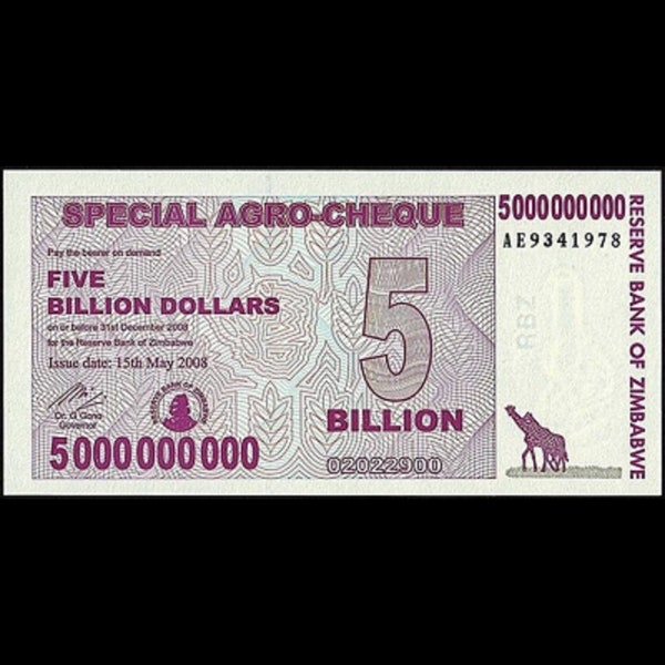 Zimbabwe 5 Billion Dollar Zimbabwe 2008 Special Agro-Cheque Banknote, P-61 (VF-XF) - Buy 4, Get 1 Free! | Egan Store