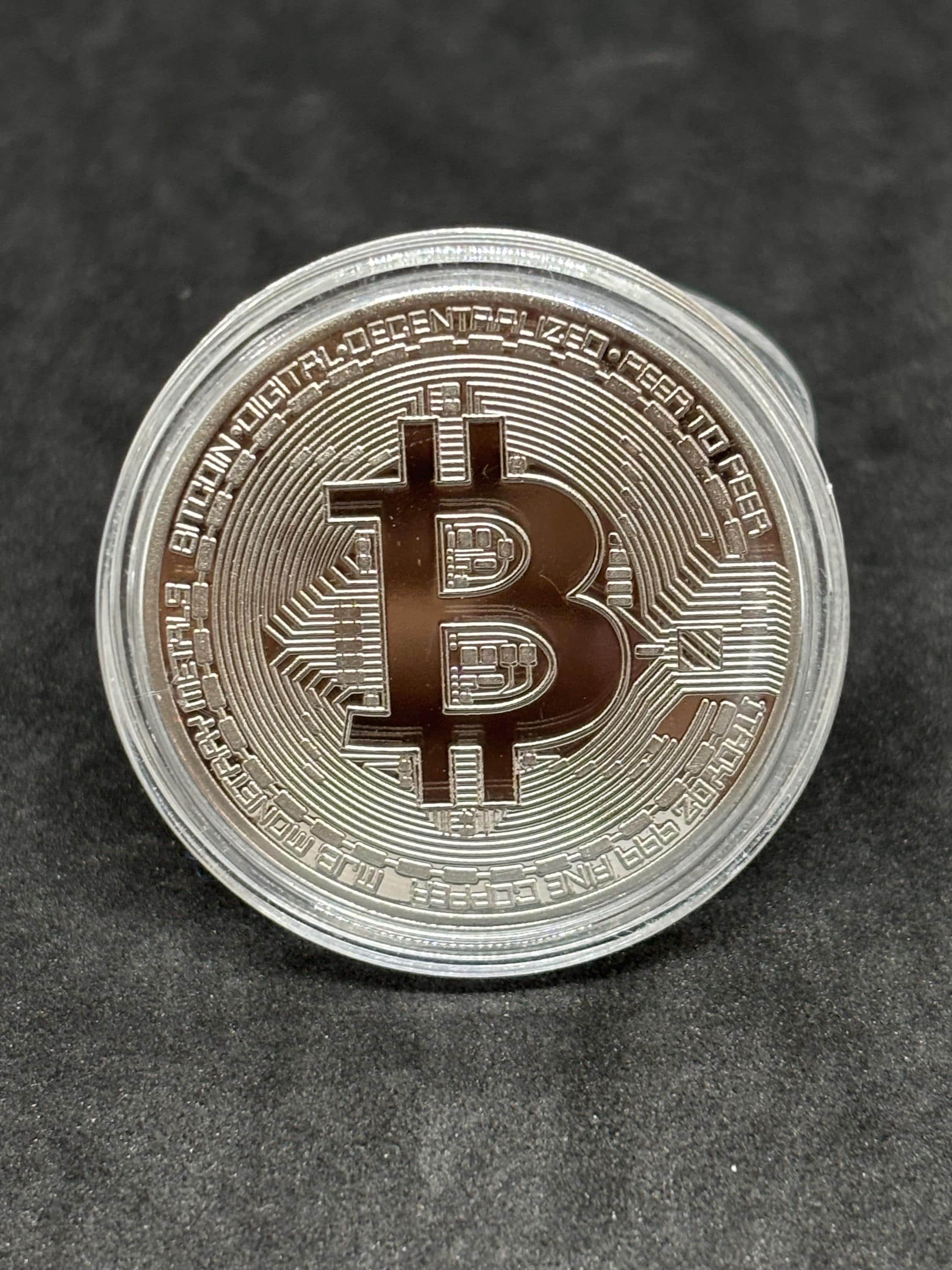 Moeda Bitcoin Novelty para colecionadores - Acabamento prateado, 1,57" na caixa
