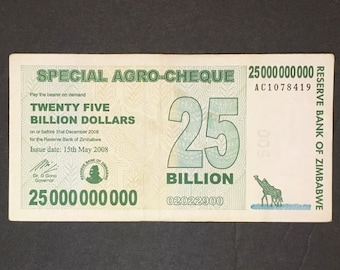 Zimbabwe 25 Billion Dollar Zimbabwe 2008 Special Agro-Cheque Banknote, P-62 (CIR) | Heavy Circulation