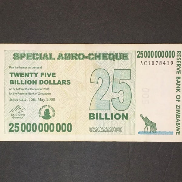 Zimbabwe 25 Billion Dollar Zimbabwe 2008 Special Agro-Cheque Banknote, P-62 (CIR) | Heavy Circulation