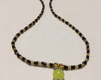 Thin Beaded Necklace, Black and Yellow Gold Glass Beads, Yellow Gemstone, Choker Necklace, Handmade Jewelry