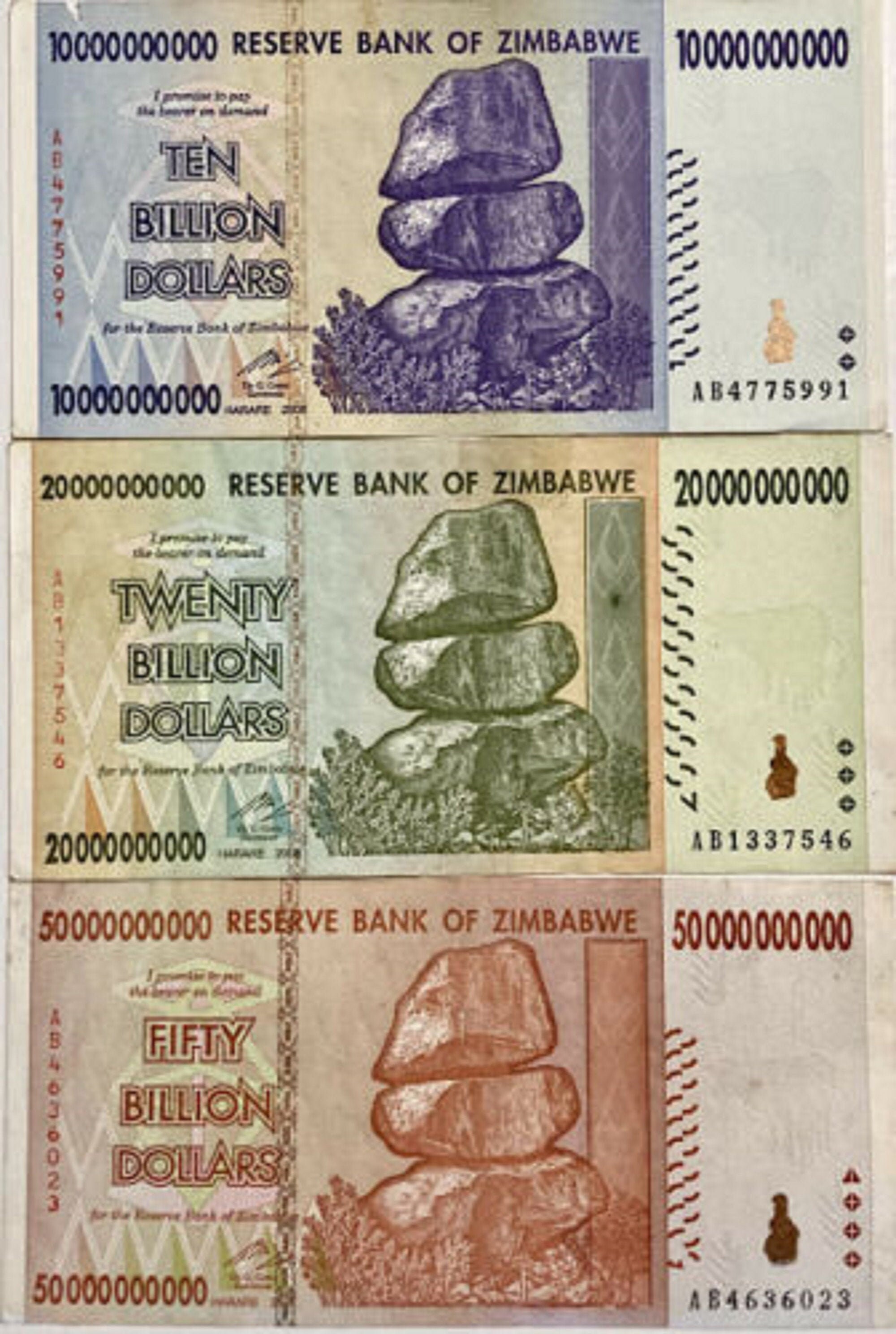 5 Zimbabwe Banknotes 1 5 10 20 & 50 Billion Dollar Bills Etsy