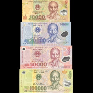 4-pc Vietnam Polymer Note Set: 1/ea of 10,000, 20,000, 50,000 and 100,000 VND Vietnamese Dong Polymer Banknotes