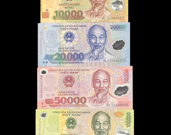 4-pc Vietnam Polymer Note Set: 1/ea of 10,000, 20,000, 50,000 and 100,000 VND Vietnamese Dong Polymer Banknotes