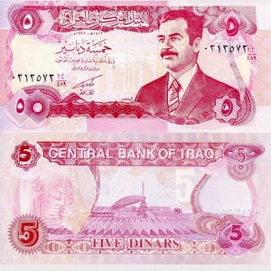 Iraq 5 Dinar UNC 1992 Banknote w Saddam Hussein