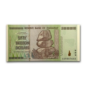 Banconota da 50 trilioni di dollari UNC 2008 dello Zimbabwe, P-90: "Zim Bond" autentico garantito/Egan Store