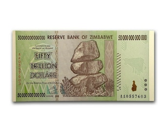 50 Trillion Dollar UNC 2008 Zimbabwe Banknote, P-90: Guaranteed Authentic “Zim Bond”| Egan Store