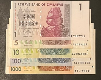 Zimbabwe 5-pc 1-1000 Dollar 2007 Banknote Set: 1/ea of 1, 5, 10, 100 & 1000 Dollar Bills, CIR (VF-XF) | Egan Store