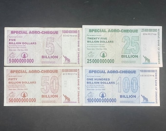 Zimbabwe 4-pc Special Agro-Cheque Set: 1/ea of 5, 25, 50 & 100 Billion Dollar Zim Special Agro-Cheque Banknotes (4 pcs total)