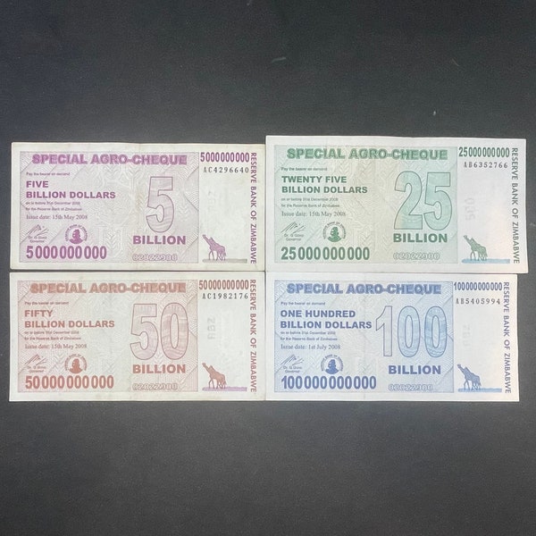 Zimbabwe 4-pc Special Agro-Cheque Set: 1/ea of 5, 25, 50 & 100 Billion Dollar Zim Special Agro-Cheque Banknotes (4 pcs total)