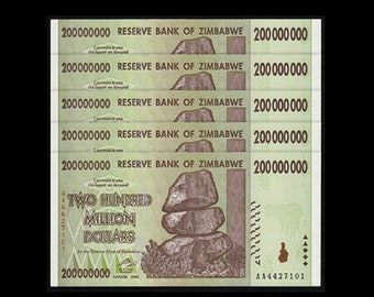 5 pcs x Zimbabwe 200 Million Dollar AUNC 2008 Banknotes, P-81 (&quot;Zim Bonds&quot;) | Egan Store