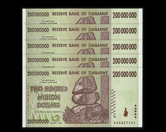 5 pcs x Zimbabwe 200 Million Dollar UNC 2008 Banknotes, P-81 ("Zim Bonds") | Egan Store