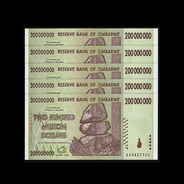 5 pcs x Zimbabwe 200 Million Dollar UNC 2008 Banknotes, P-81 ("Zim Bonds") | Egan Store