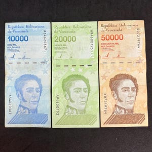 Three (3) Venezuela Bolivar CIR 2019 Banknotes | 1/ea of 10K 20K & 50K (80K VES Venezuelan Currency)