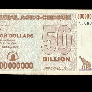 Zimbabwe 50 Billion Dollar Zimbabwe 2008 Special Agro-Cheque Banknote, P-63 (VF-AU) | Egan Store