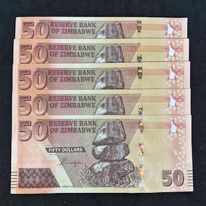 Five (5pcs) x 50 Zimbabwe Dollars Currency/Banknote (2020-Present), P-105 UNC