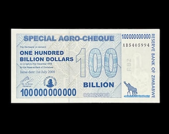 100 miljard dollar Zimbabwe 2008 speciaal agrochequebankbiljet, P-64 (CIR) | Egan-winkel