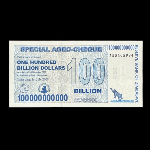 100 Billion Dollar Zimbabwe 2008 Special Agro-Cheque Banknote, P-64 (CIR) | Egan Store