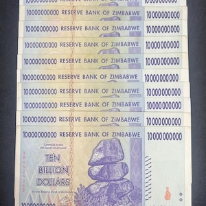 10 Zimbabwe 10 Billion Dollar Banknotes, 2008 Hyperinflation Currency
