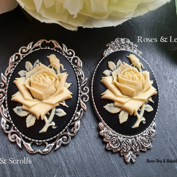 Grandes broches Cameo Rose - Résine Noire & Ivoire Cameo - Base Silvertone Antiqued - Style moderne-vintage - Deux options de base au choix