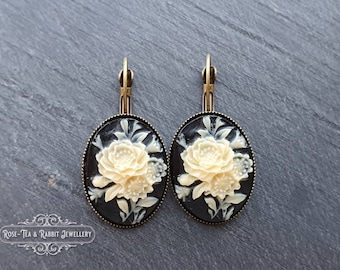 Floral Posy Cameo Drop Earrings - 3.7x1.9cm (1.45 x 0.74 Inches) - Hinged Closure - Antiqued Bronze Base - Nickle Free - Pretty & Romantic