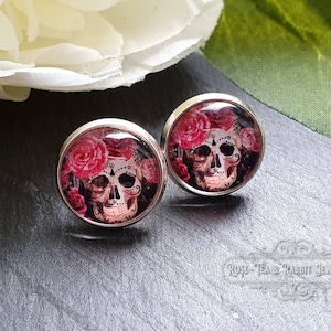 Skulls and Roses Picture Cabochon Stud Earrings | Pretty Gothic Modern Vintage Look | Silver Finish | Hypoallergenic | 12mm (0.47 Inches)