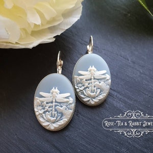 Dragonfly Cameo Earrings - Birds Egg Blue/White - 3.7cmx1.9cm (1.45x0.74 Inches) - Hinged Closure - Silver Plated Base - Lead/Nickle Free